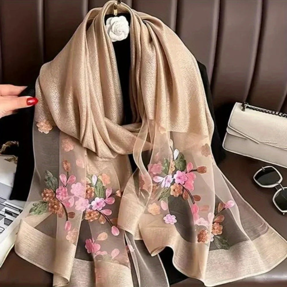Elegant floral embroidered silk scarf for women stylish sunscreen beach shaw