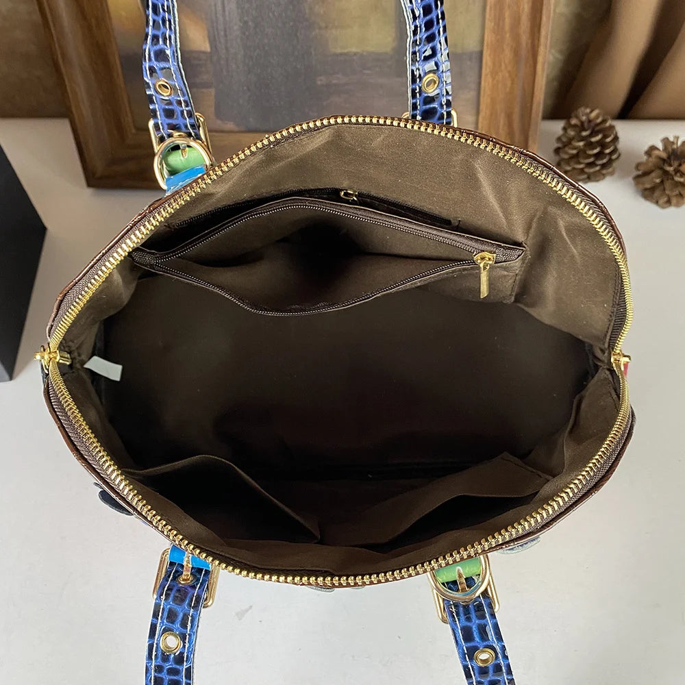Handbag made of genuine leather handmade colorful flowers trendy crossbody bag