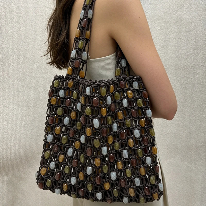 Hand-woven Beaded Tote Wooden Handle Knitted Bag
