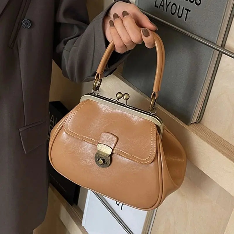 Metal Clip Handbag Leather Stitching Large Capacity Shoulder Bag