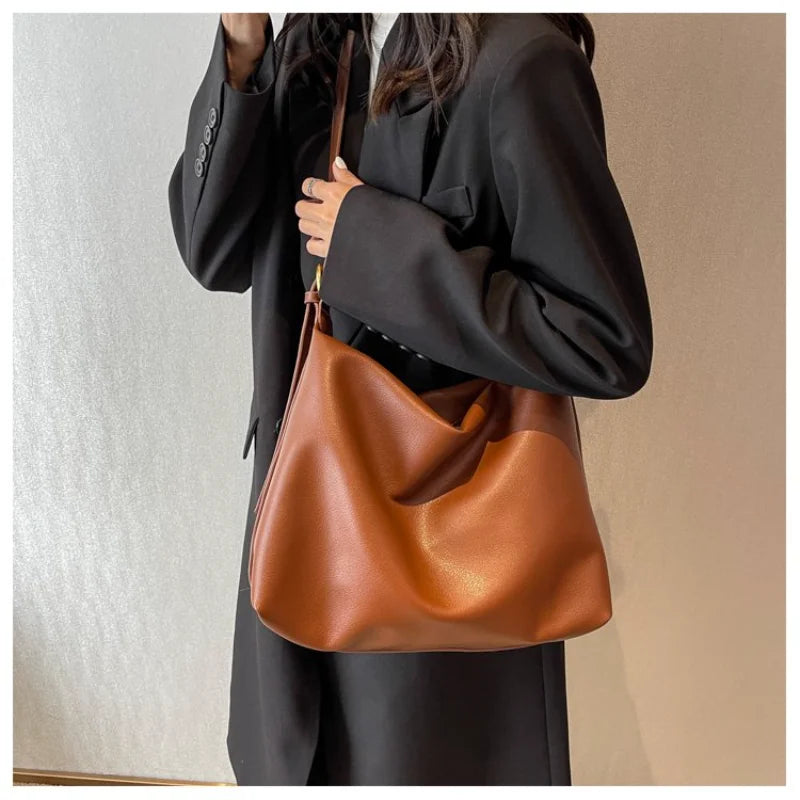 Neutral Style Tote Bag Faux Leather Construction Wide Strap