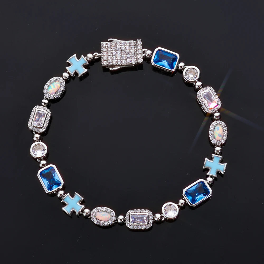 Jewelry With Multi Color Gemstone Enamel Tennis Bracelet Iced Out Motif Cross Bracelet