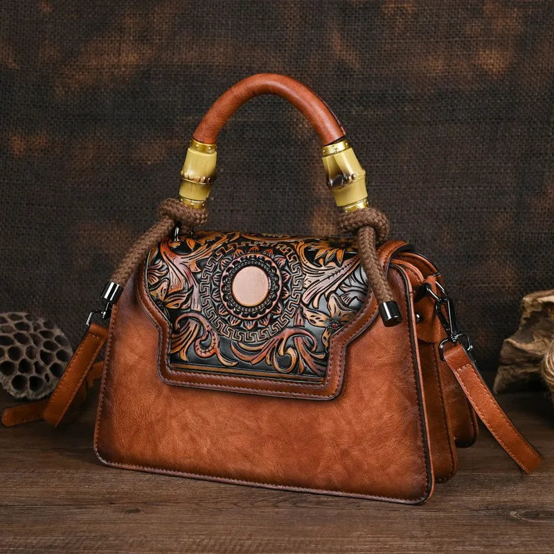 Vintage Handmade Embossed Women's Leather Luxury Handbag