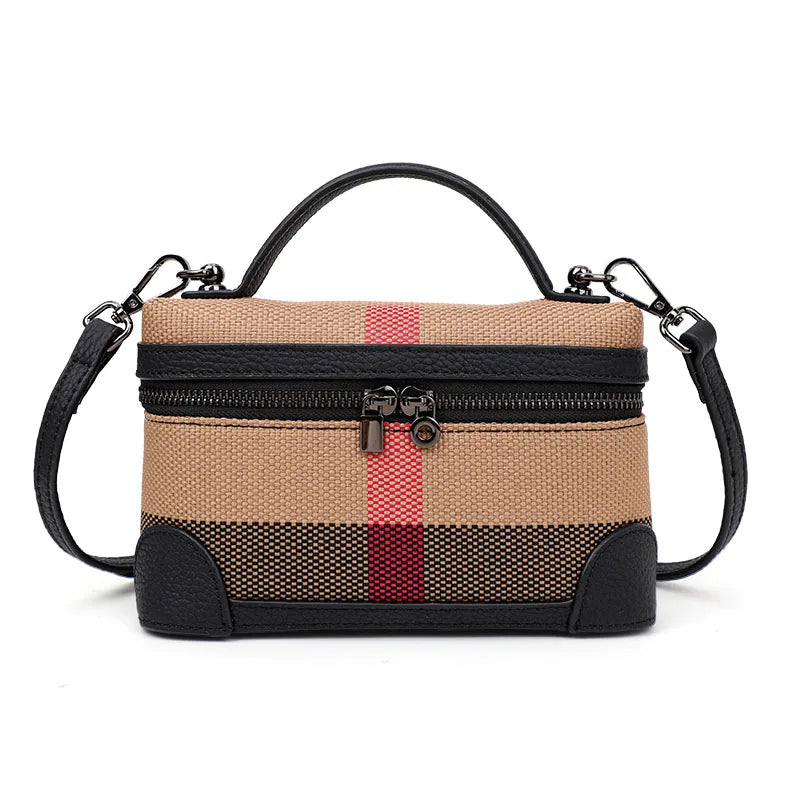 Women's shoulder crossbody mini bag plaid small square bag made of canvas and cowhide