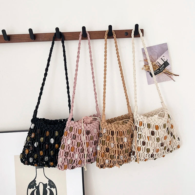 Beaded Crochet Mesh Tote Handmade Woven Hollow Out Bag