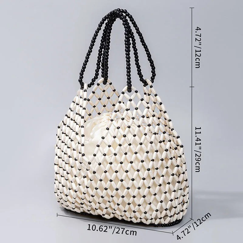 Exquisite Hollow-out Wooden Beaded Shoulder Handbag