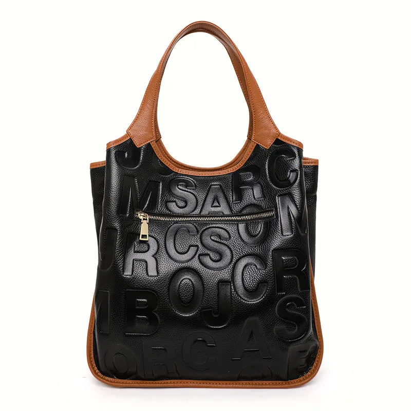 Large Capacity Ladies Handbag Leather Cowhide Color Block Letter Tote Shoulder Bag