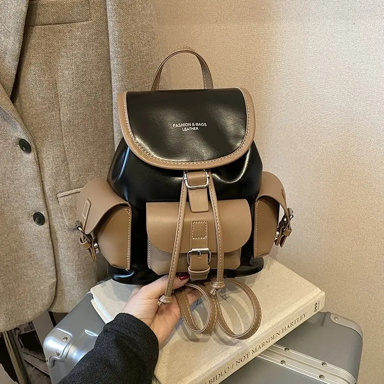 Vintage Black & Brown Leather Backpack Drawstring Flap Design with Side Pockets