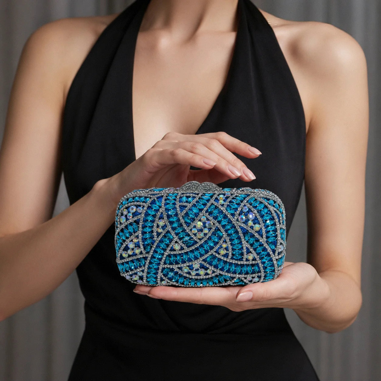 Blue Crystal Interwoven Rhinestone Hard Shell Evening Bag