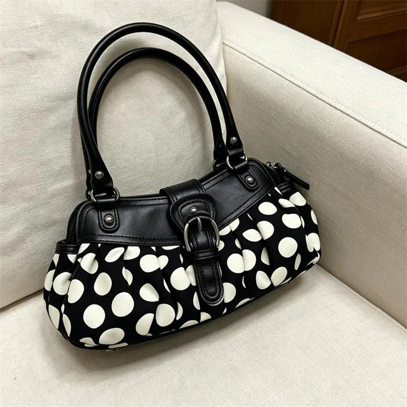 Stylish Pleated Retro Polka Dot Underarm Bag with Buckle Design