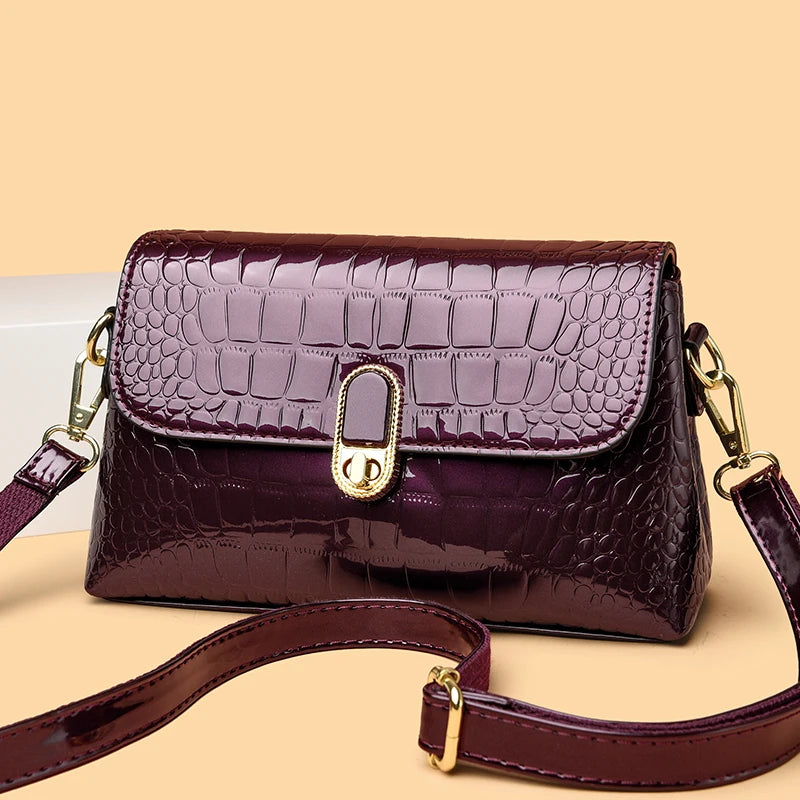 Luxury Patent Leather Handbag Designed With Crocodile Pattern