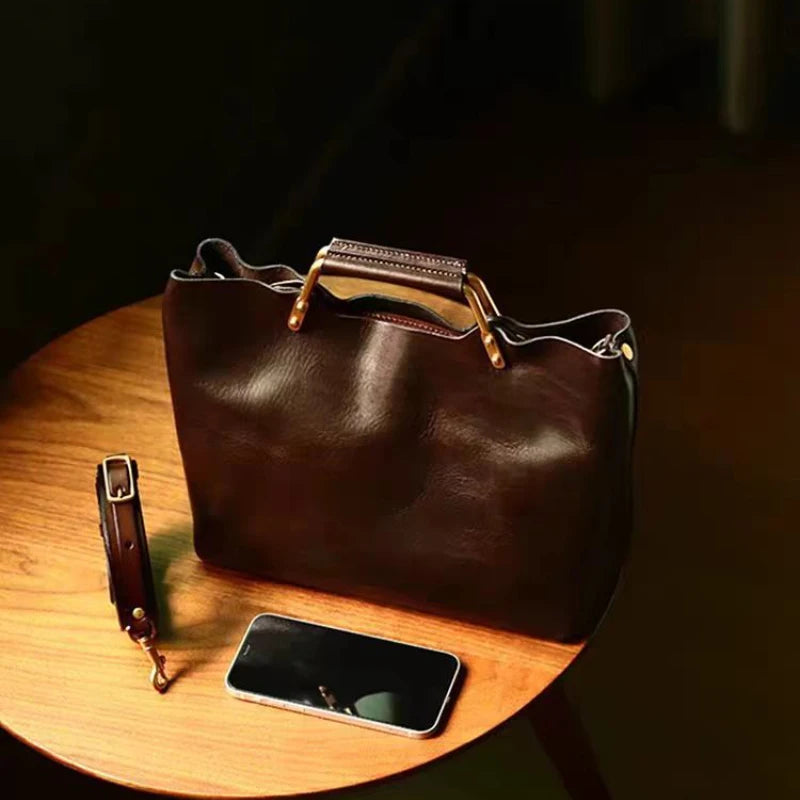 Soft Leather Tote Metal Handle Large Capacity Crossbody Bag