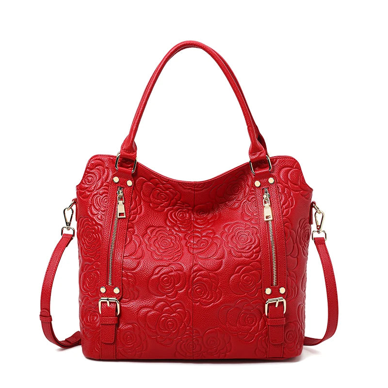 Rose Embossed Leather Tote Bag Gold Zippers and Buckles