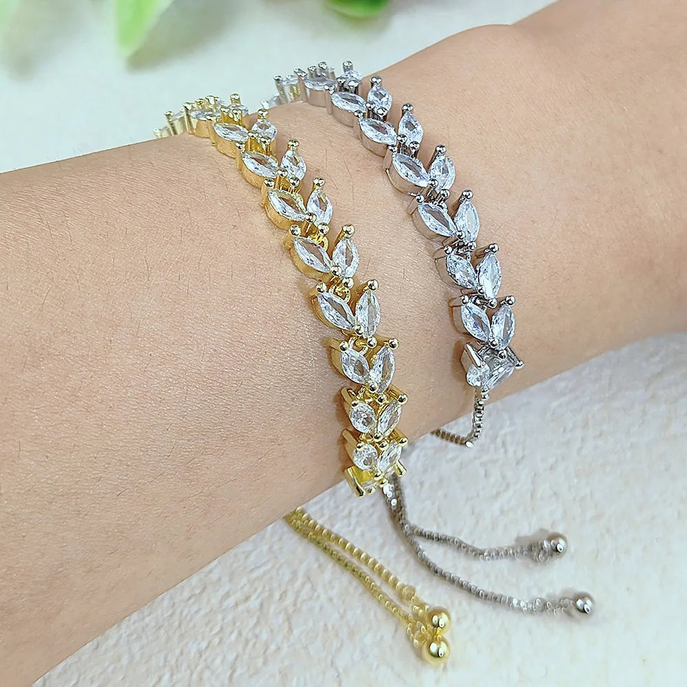 Cubic Zirconia Leaves Bracelet Bangle Adjustable Luxury