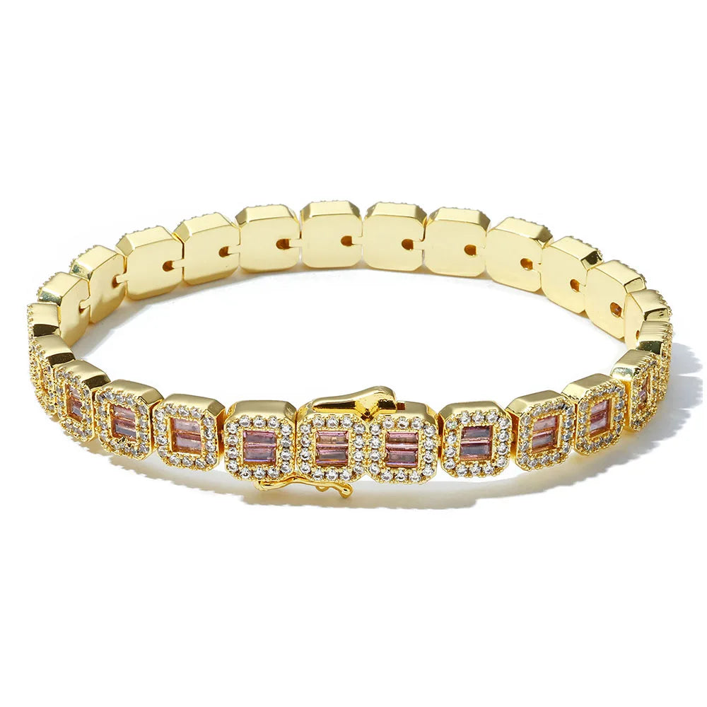 8mm Square Zirconia Brass Baguette Tennis Bracelet 18K Gold Plated Iced Out Jewelry