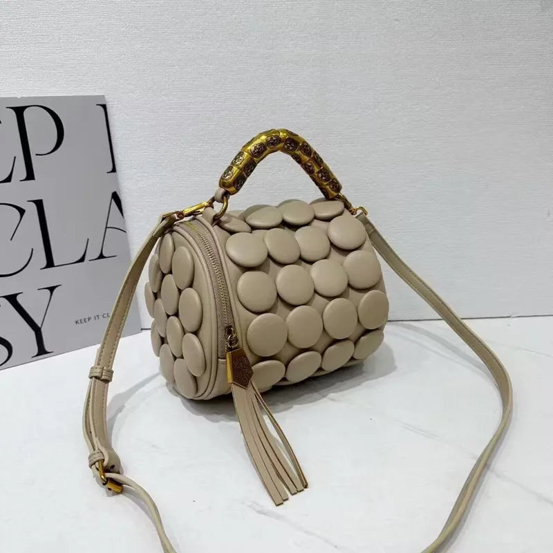 Retro Button Design Leather Handbag Luxury Round Tube Bucket Bag