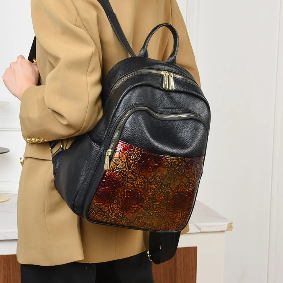 Vintage Floral Print High Quality Soft Leather Backpack Women Large Capacity Bag