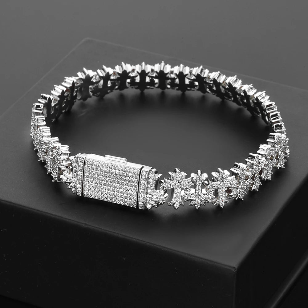 Luxury 8MM Cross Bracelet Iced CZ Diamond Brass Hand Set Zircon Fashionable Jewelry