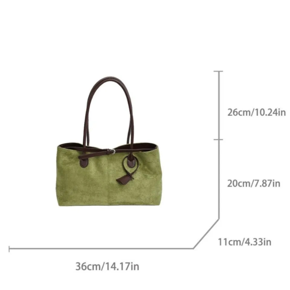 Vintage Faux Suede Leather Tote Bag Contrast Color Strap Casual Shoulder Handbag