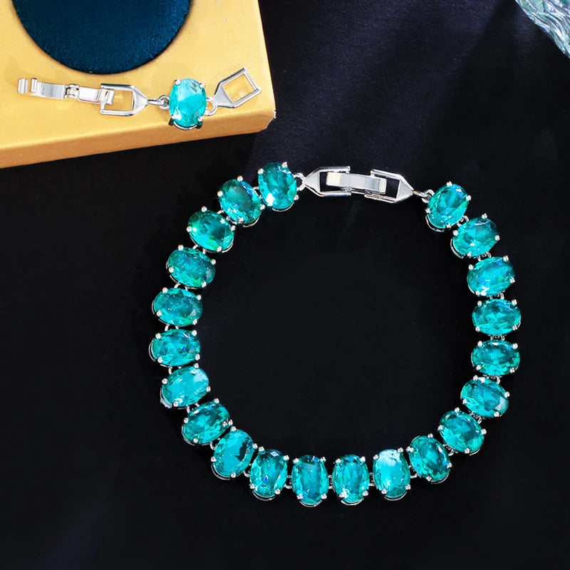 ThreeGraces Unique Green Cubic Zirconia Silver Color Oval CZ Tennis Link Chain Bracelet for Women Chic Daily Party Jewelry BR372