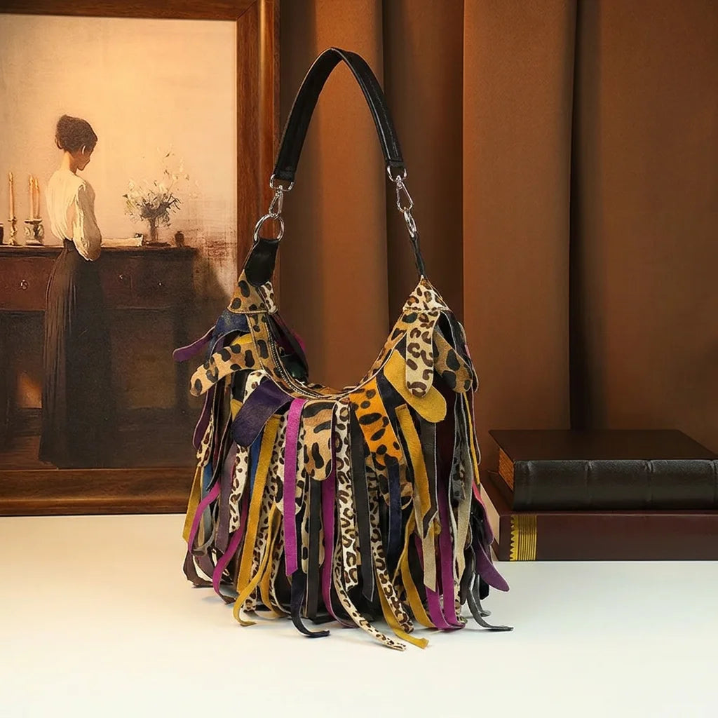 Vintage Patchwork Fringe Hobo Bag Genuine Leather Tassel Bag