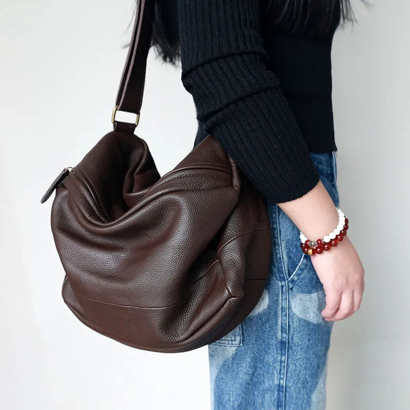 Slouchy Style Square Crossbody Bag Soft Genuine Leather Tote