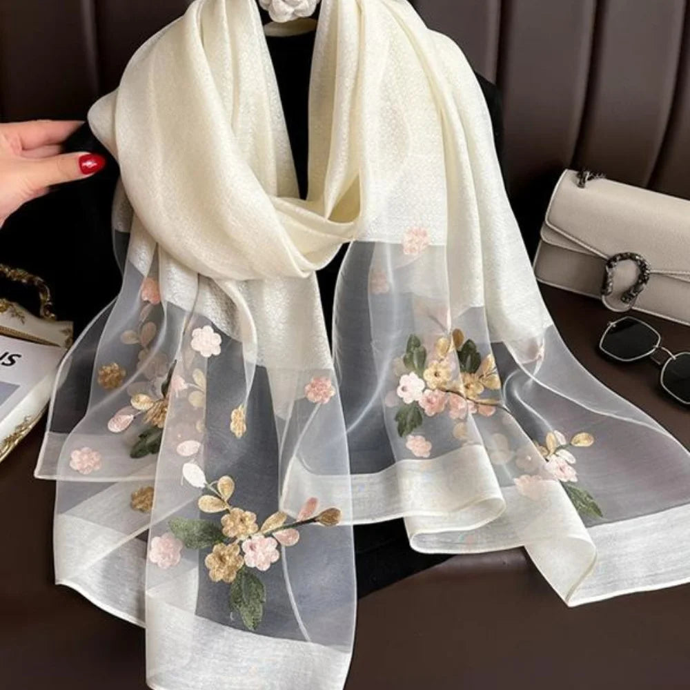 Elegant floral embroidered silk scarf for women stylish sunscreen beach shaw