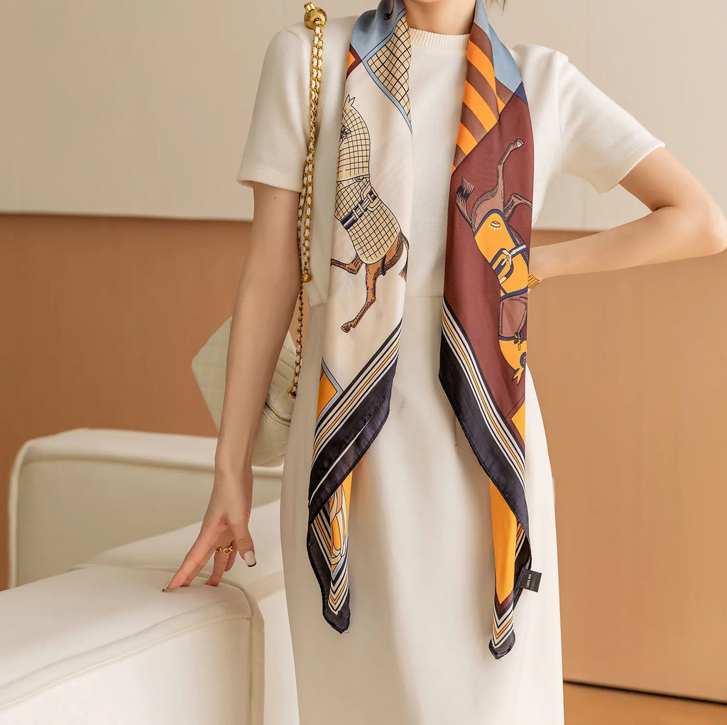 Luxury Horse Print Square Scarf Vintage Imitation Silk