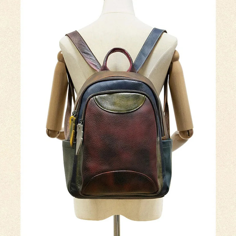 Vintage Genuine Leather Backpack Patchwork Shoulder Bag