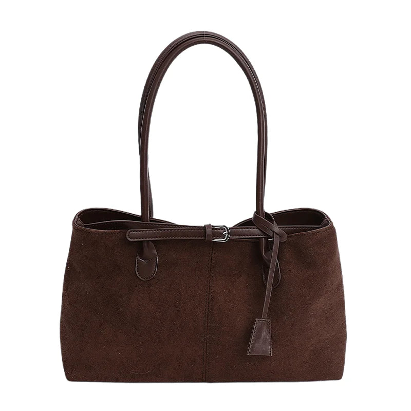 Vintage Faux Suede Leather Tote Bag Contrast Color Strap Casual Shoulder Handbag