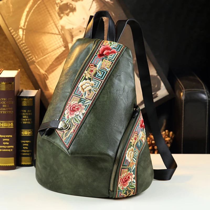 Retro Genuine Leather Women Backpack Embroidered Design Ladies Bag Travel Backpacks