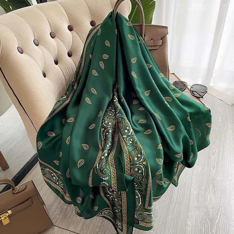 180*90cm Large Silk Satin Scarf Hijab Women Print Shawl