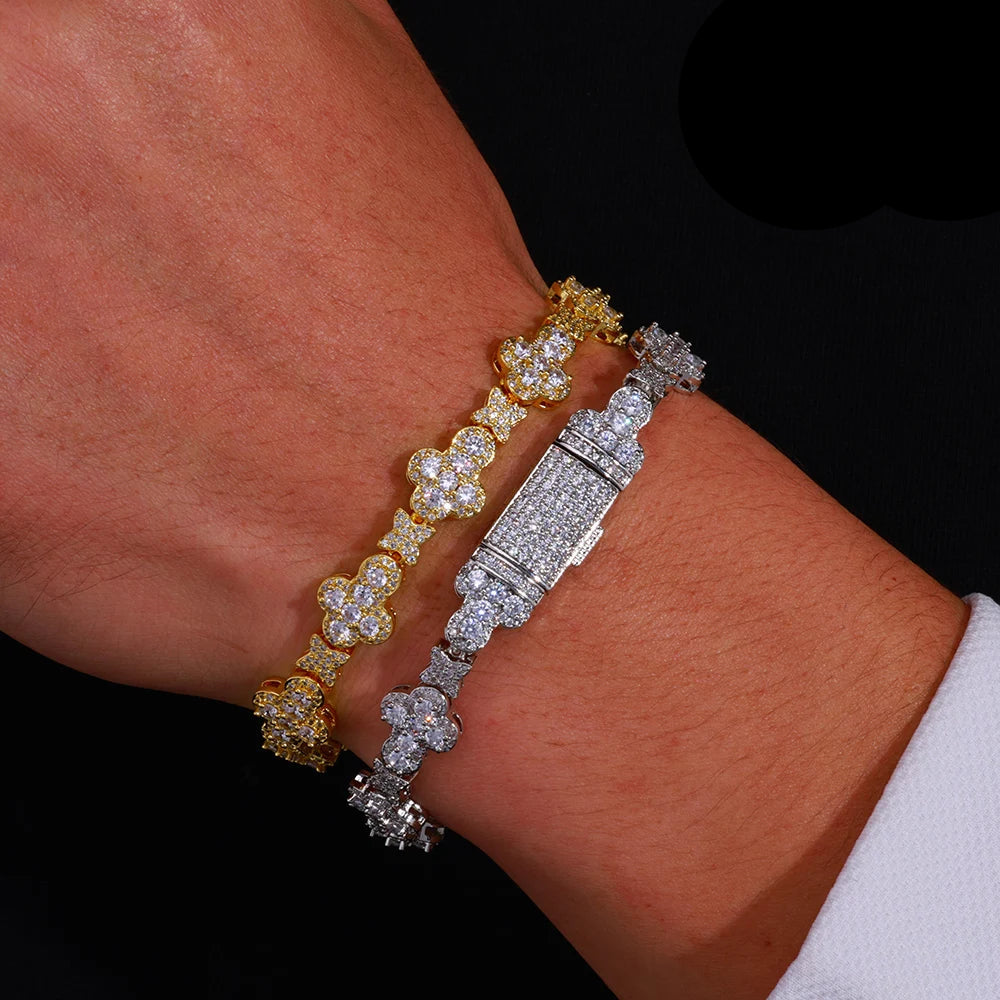Trendy Niche Jewelry Chain 10mm Cross Flower Filled Zircon Bracelet for Men and Women