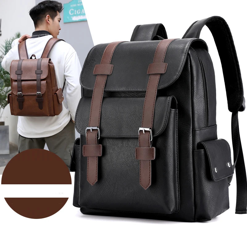Men's Backpack PU Leather Bag for Large Laptop Backpack Male Travel Bag