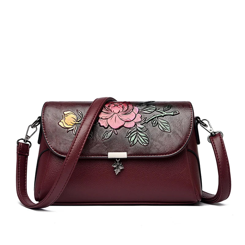 Vintage 3D Floral Embossed Crossbody Bag Soft Leather Elegant Bag Luxury Handbag