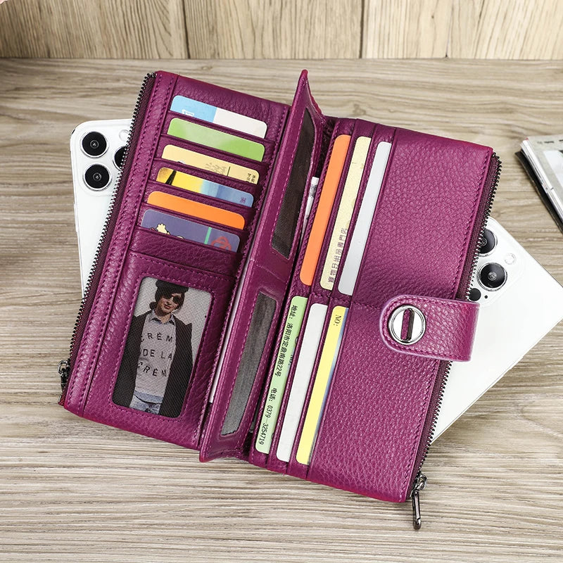 Genuine Leather Long Wallets Full Grain Leather Purse Card Holder Money Clip