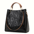 Embossed Letter Tote  Black-Brown Color Block Spacious Commute Handbag & Crossbody
