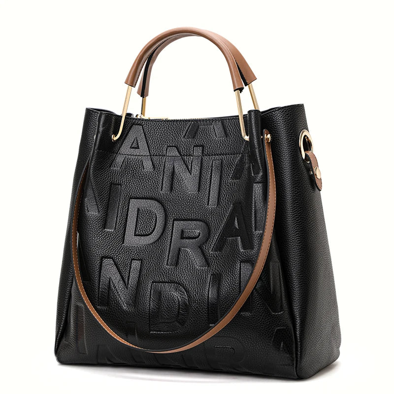 Embossed Letter Tote  Black-Brown Color Block Spacious Commute Handbag & Crossbody