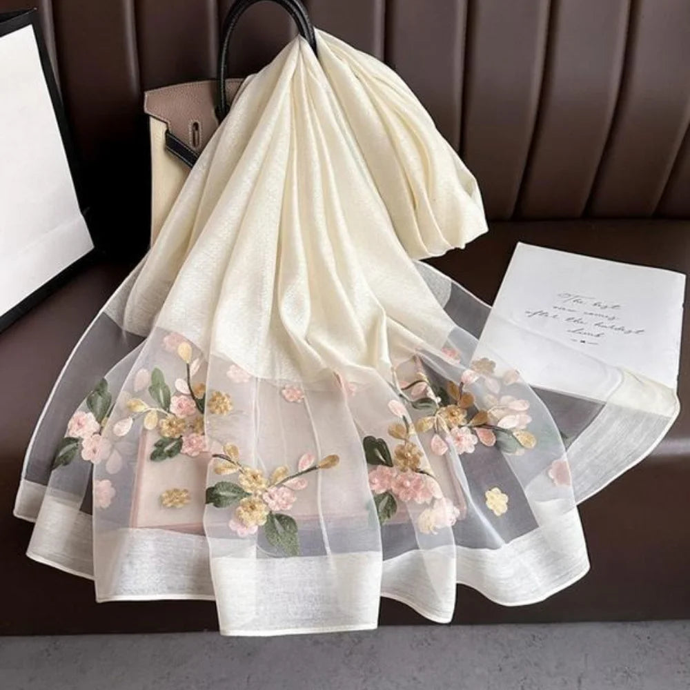 Elegant floral embroidered silk scarf for women stylish sunscreen beach shaw