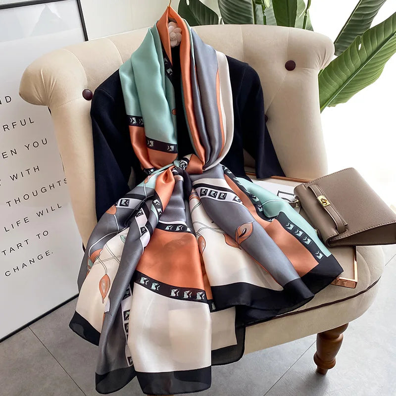 180*90cm Large Silk Satin Scarf Hijab Women Print Shawl