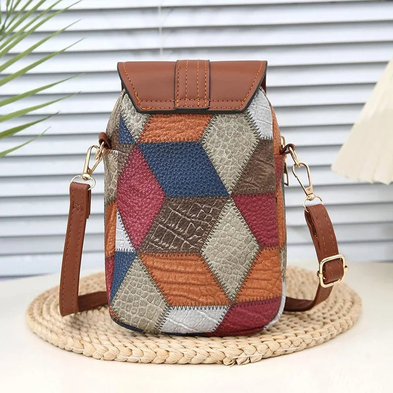 Retro Contrasting Color Multi-layer Small Crossbody Bag Diamond Splicing Phone Bag