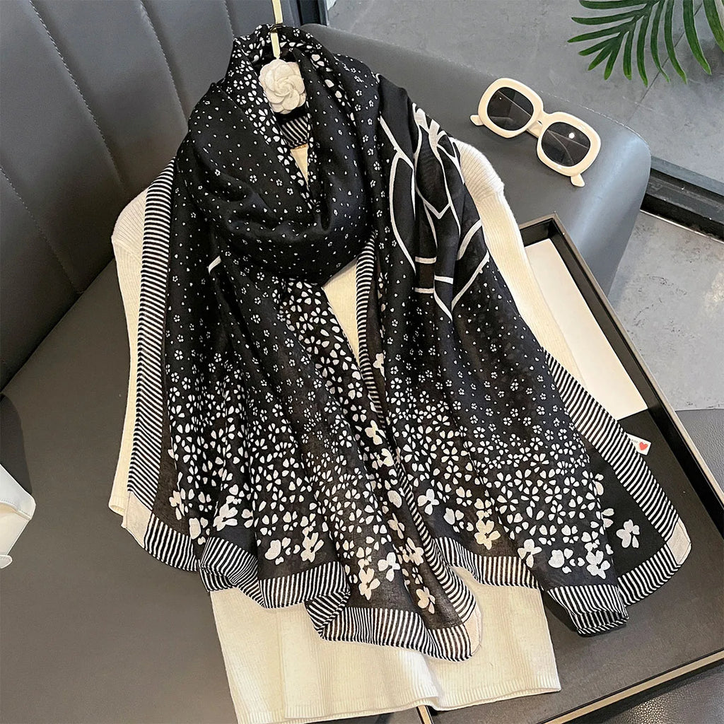 Season's Thin Sun-protective Cotton Linen Scarf Rose Print Silk Scarves Fashion