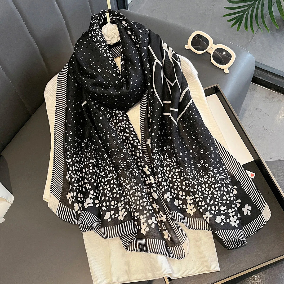 Season's Thin Sun-protective Cotton Linen Scarf Rose Print Silk Scarves Fashion