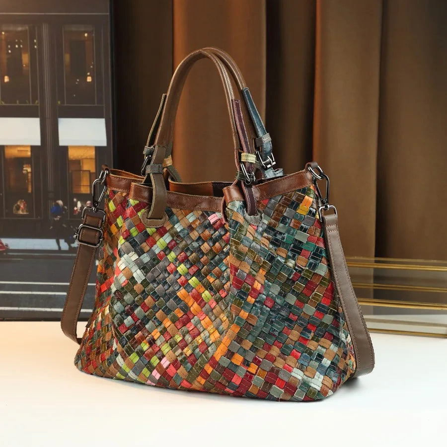 Women's Handbag Made of Genuine Leather Hand Woven Shoulder Crossbody Bag