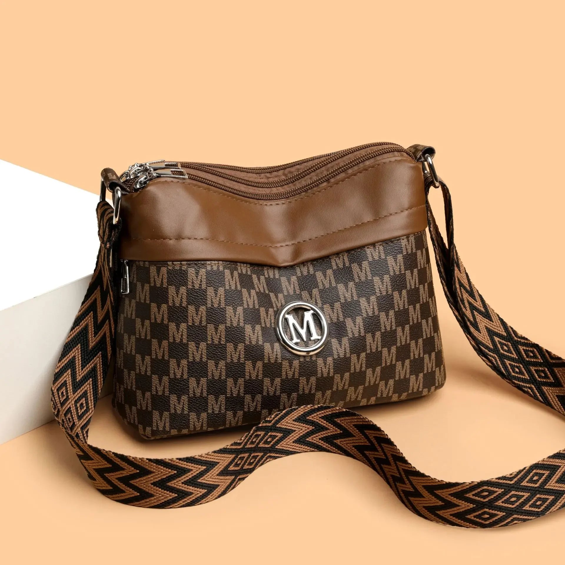 Classic Letter Patchwork Design Stylish Crossbody Bag Leather Shoulder Bag