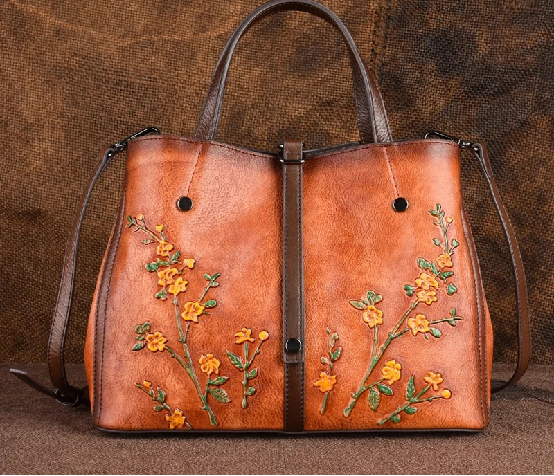 Genuine Leather Retro Embossed Women Crossbody Handbag