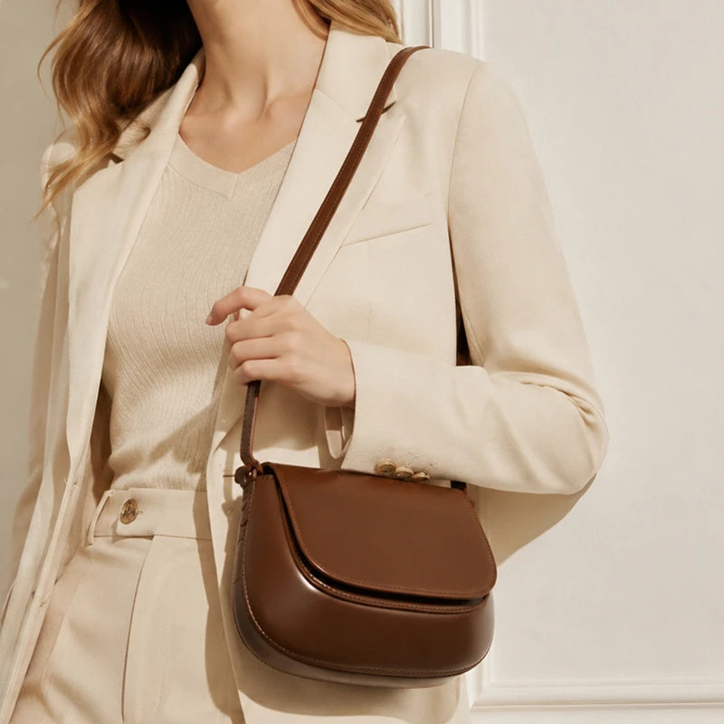 Smooth Genuine Leather Saddle Bag Retro Shoulder Purse