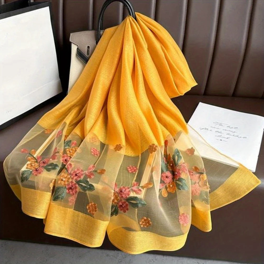 Elegant floral embroidered silk scarf for women stylish sunscreen beach shaw