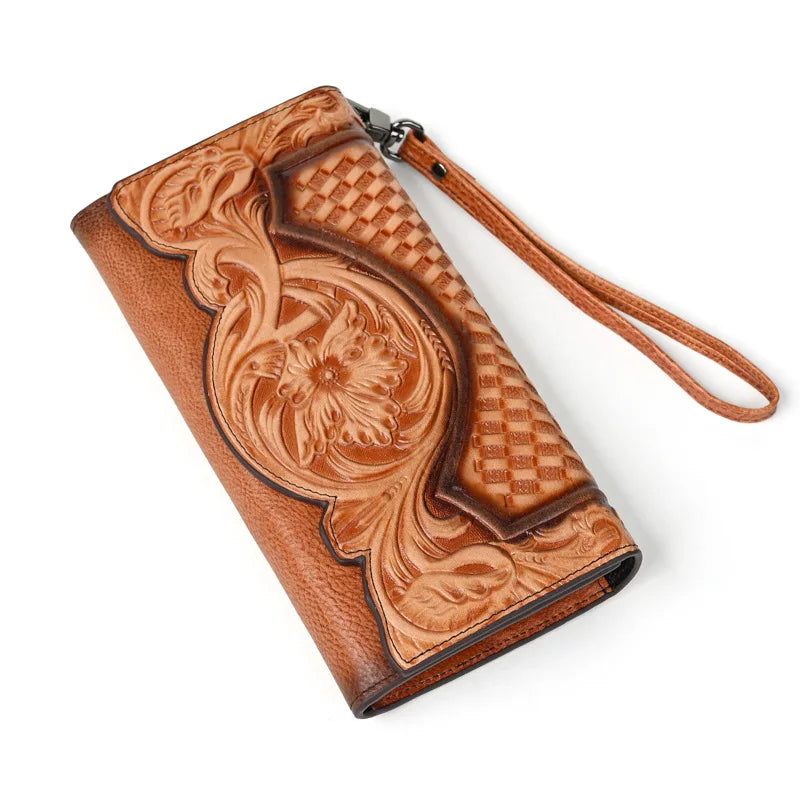 Floral Genuine Leather Wallet Women Handmade Clutch Bag