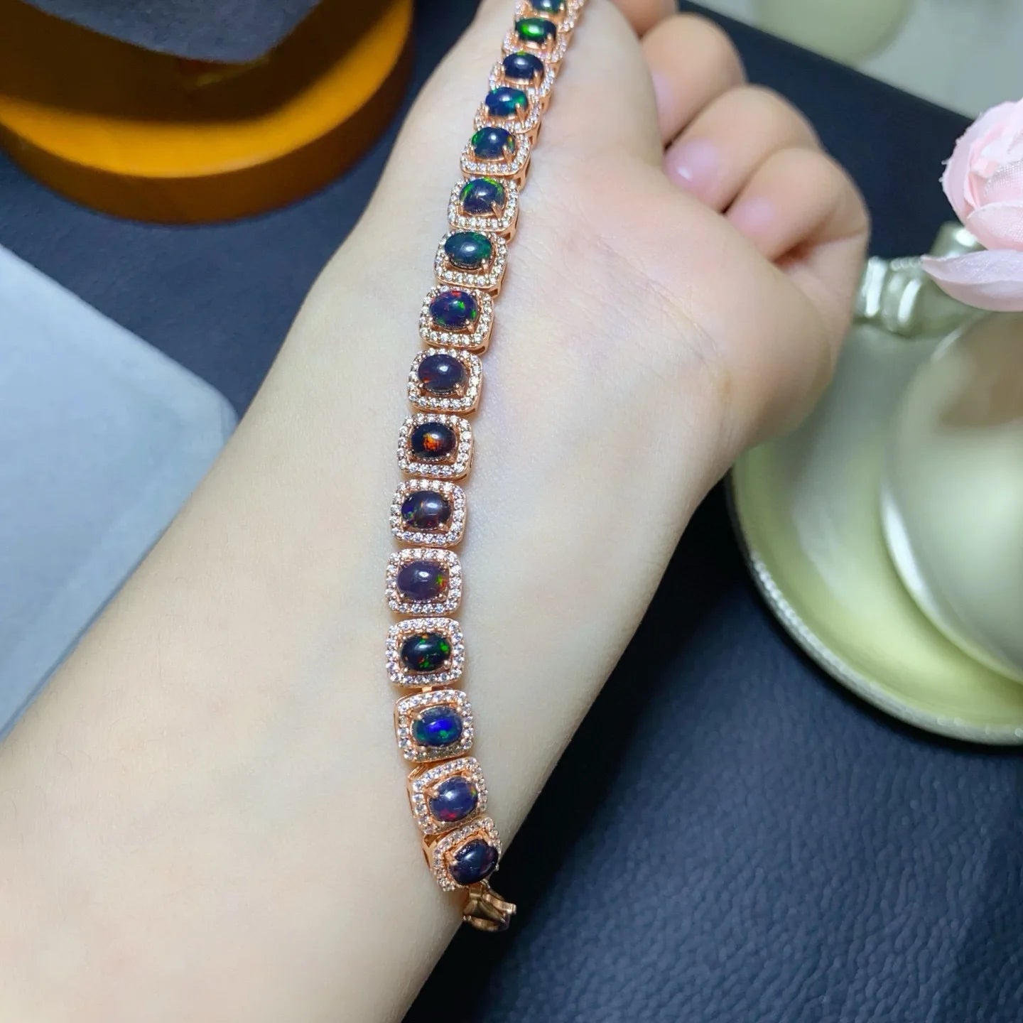 Natural Flash Fire Black Opal Bracelet 4*5mm Large Center Stone